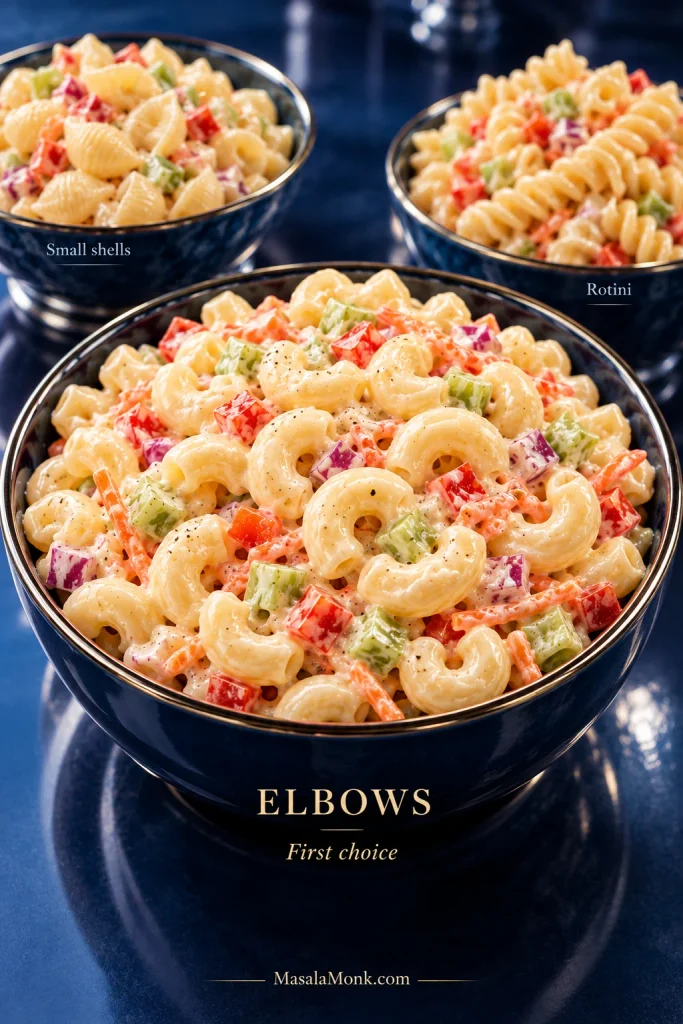 Three bowls of creamy pasta salad showing elbow macaroni in front with shell pasta and rotini in bowls behind.