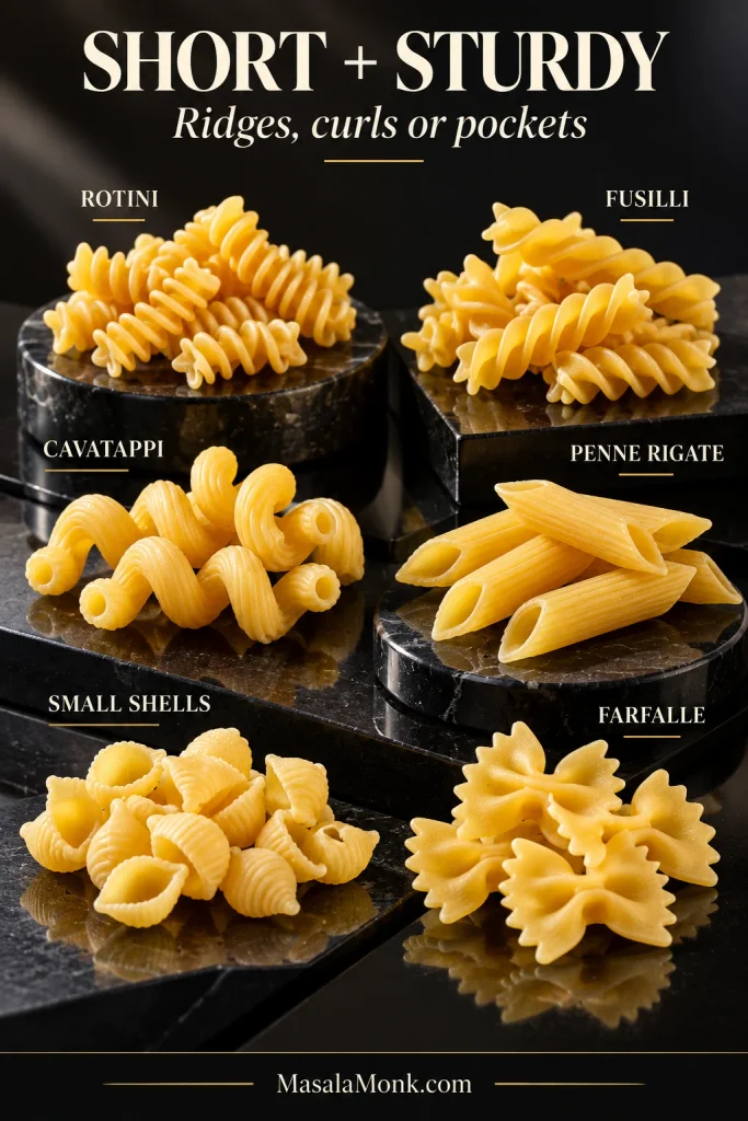 Dry rotini, fusilli, cavatappi, penne rigate, small shells and farfalle displayed separately on dark platforms beneath the words “Short + Sturdy” and “Ridges, curls or pockets.”