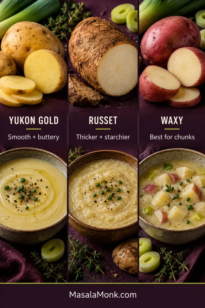 Yukon Gold, russet and waxy potatoes arranged side by side for comparison before making potato leek soup.