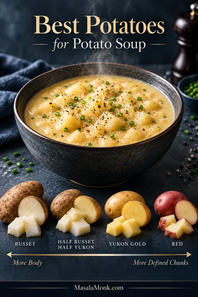 Russet, Russet-Yukon mix, Yukon Gold and red potatoes arranged along a comparison from more broth body to more defined potato chunks.