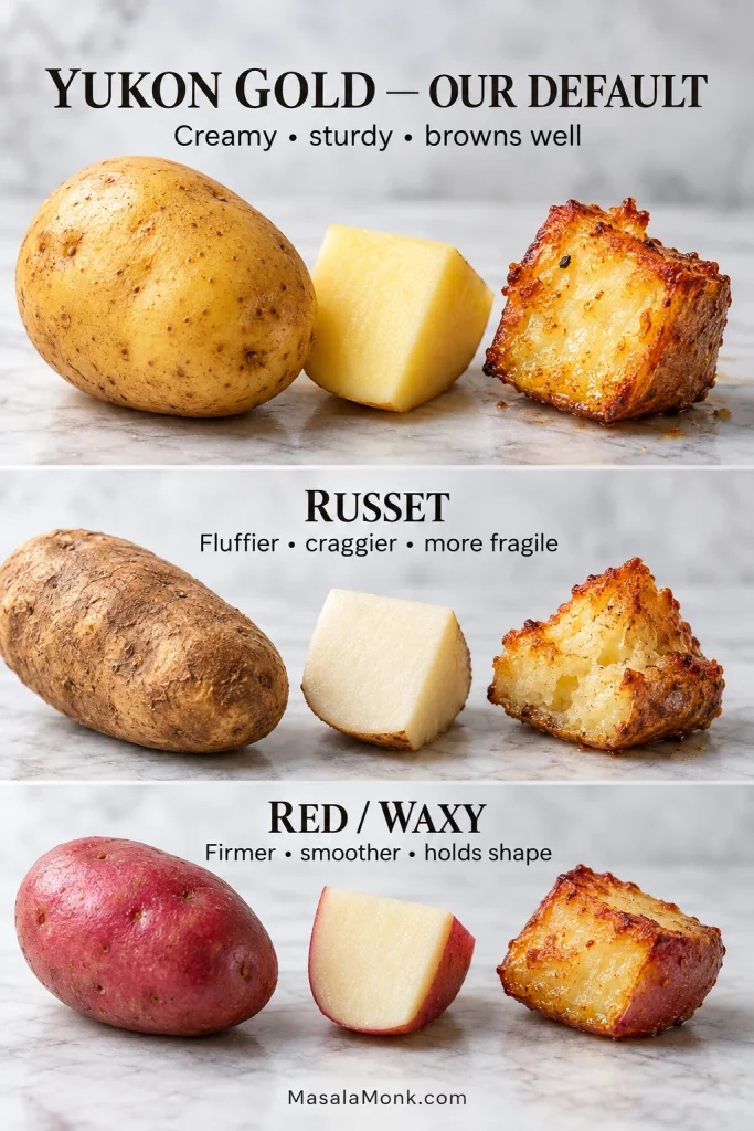 Whole, cut, and roasted Yukon Gold, Russet, and red waxy potatoes compared for skin, flesh color, and roasted texture.