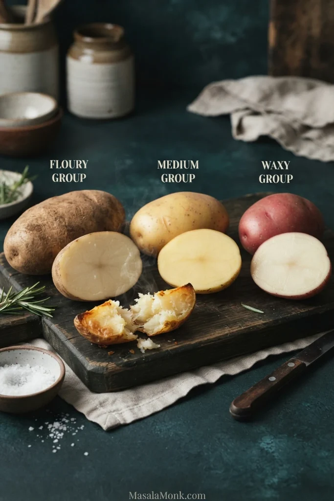 Whole and cut potatoes arranged in floury, medium-starch and waxy groups to compare their different interiors.