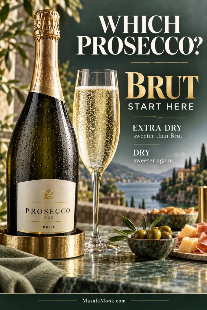 Chilled Prosecco Brut bottle and sparkling wine glass with text showing Brut as the recommended choice, with Extra Dry and Dry shown as sweeter styles.