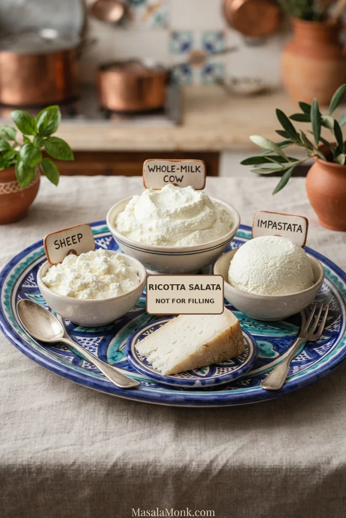 Four ricotta examples arranged together: sheep’s-milk ricotta, whole-milk cow’s ricotta, ricotta impastata and a firm slice of ricotta salata marked as not for filling.
