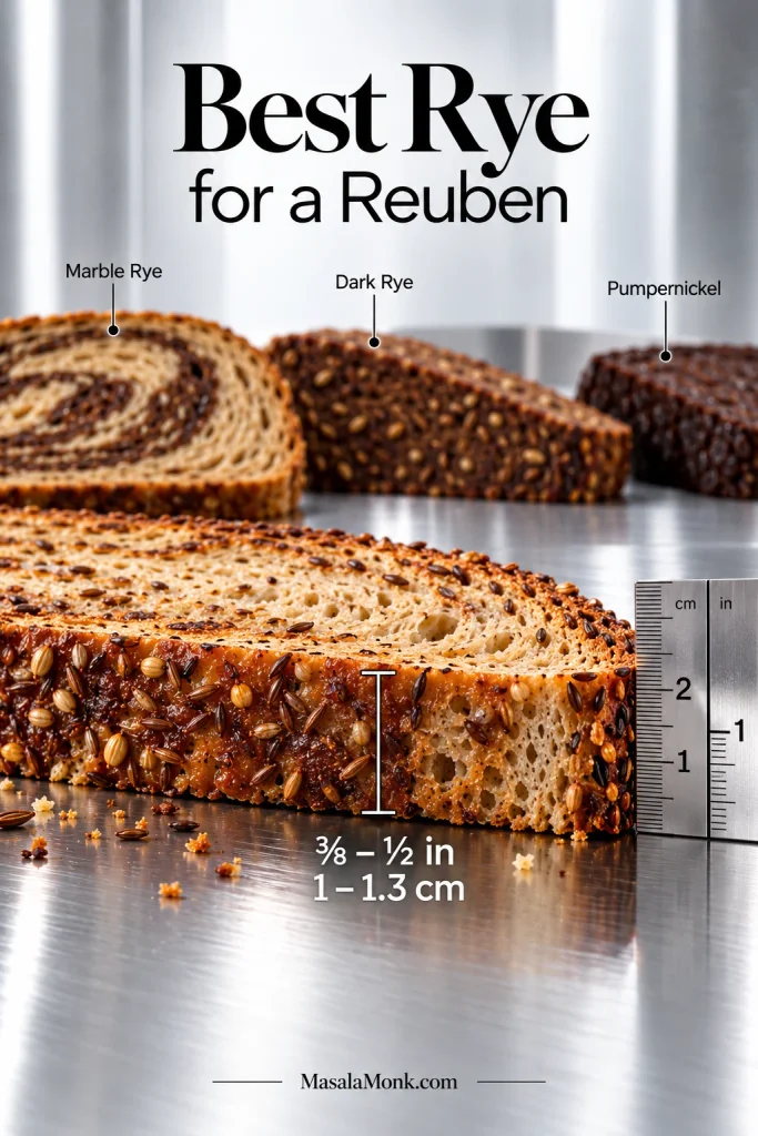 Seeded rye shown beside a ruler at about ⅜ to ½ inch thick, with marble rye, dark rye and pumpernickel displayed as smaller alternatives behind it.