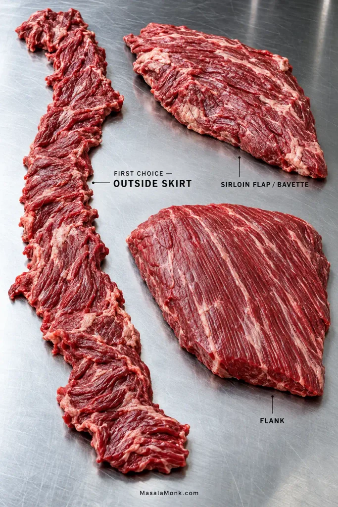 Raw outside skirt, sirloin flap or bavette, and flank steak displayed on stainless steel, with outside skirt identified as the first choice.