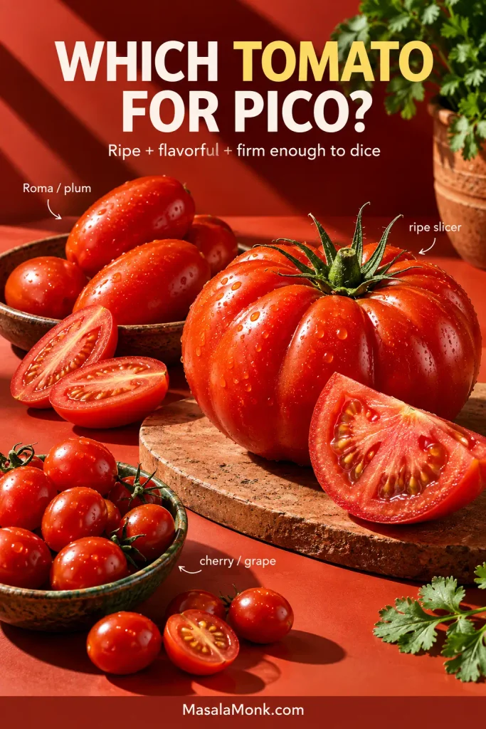 Roma, slicing and cherry tomatoes arranged for comparison when choosing tomatoes for pico de gallo.