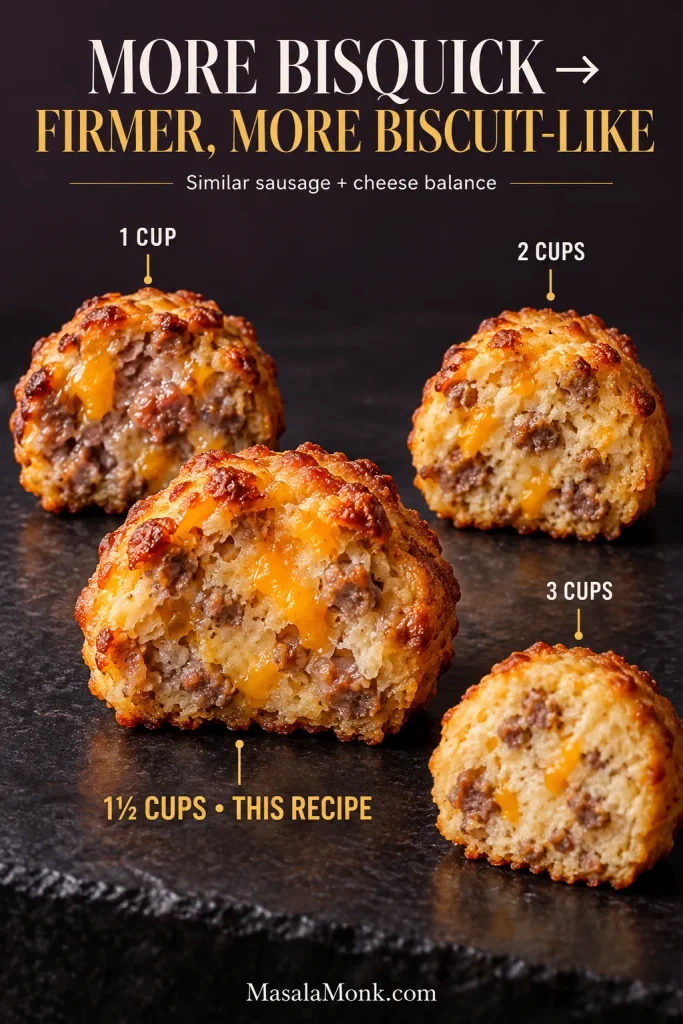 Four cut-open sausage balls comparing one cup, one and a half cups, two cups, and three cups of Bisquick, with the interiors becoming progressively more biscuit-like.