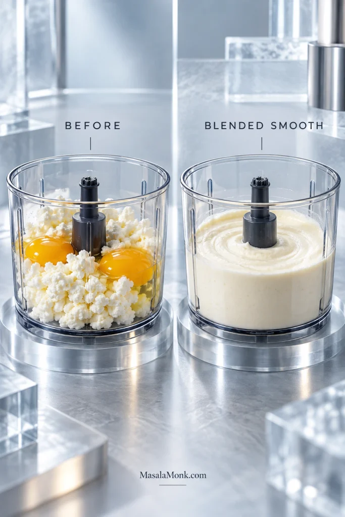 Before-and-after comparison showing cottage cheese and eggs before blending and the same wet ingredients blended into a smooth creamy mixture.