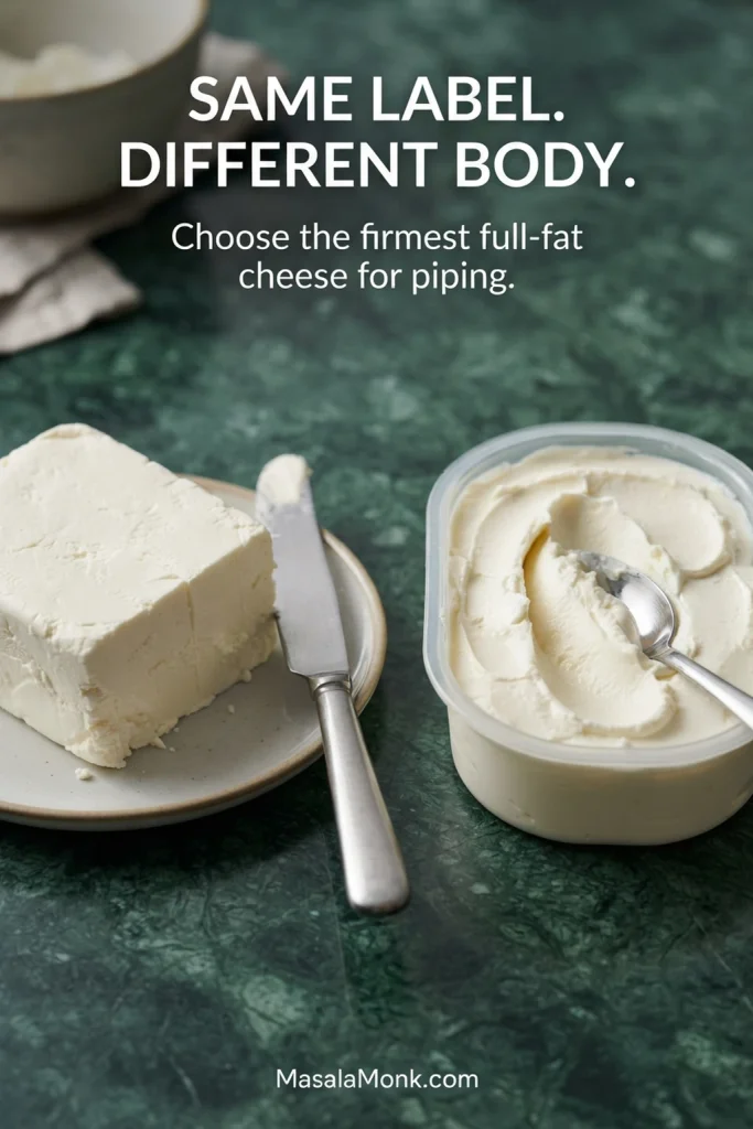 Firm block cream cheese beside softer spreadable cream cheese in a tub, showing the difference in texture and structure.