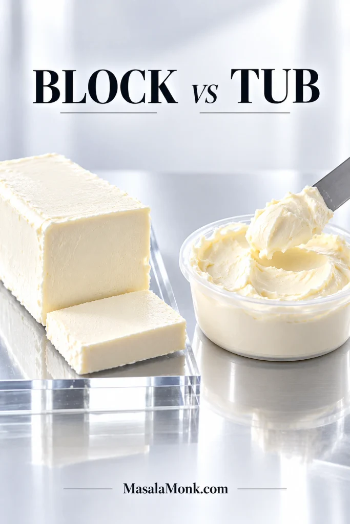 Firm block cream cheese beside softer spreadable cream cheese in a tub, showing the difference in texture and shape.