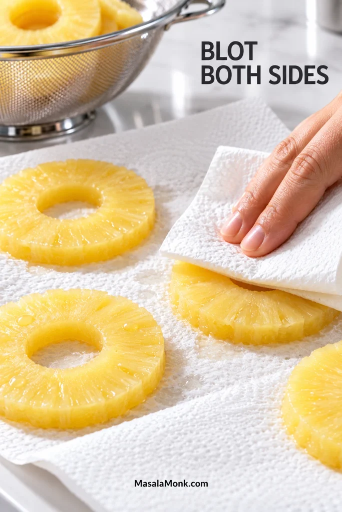 Canned pineapple rings on white paper towels while a hand presses another towel onto one ring to remove surface moisture.