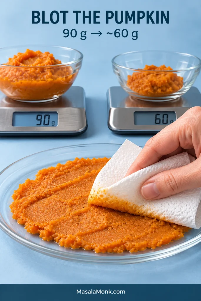 Three-part image showing pumpkin purée weighed at 90 grams, reduced to about 60 grams, and spread on a plate while a hand presses it with a paper towel.