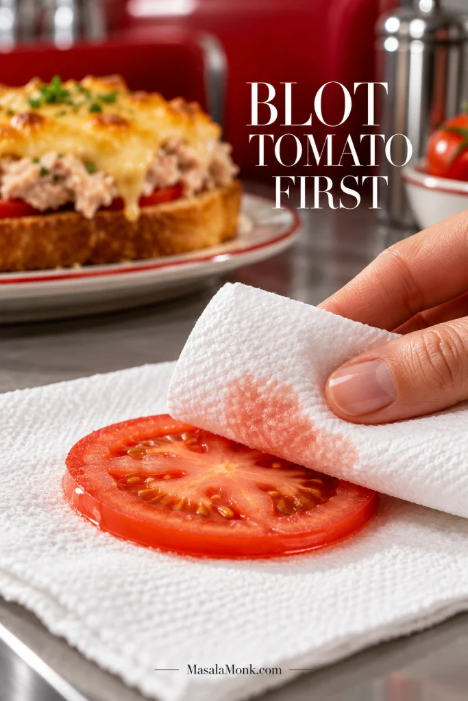 Hand blotting a thin tomato slice with a white paper towel, with visible moisture absorbed into the towel.
