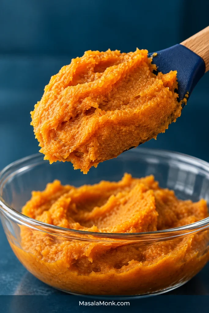 Thick orange pumpkin purée clinging to a blue silicone spatula above a clear glass bowl.