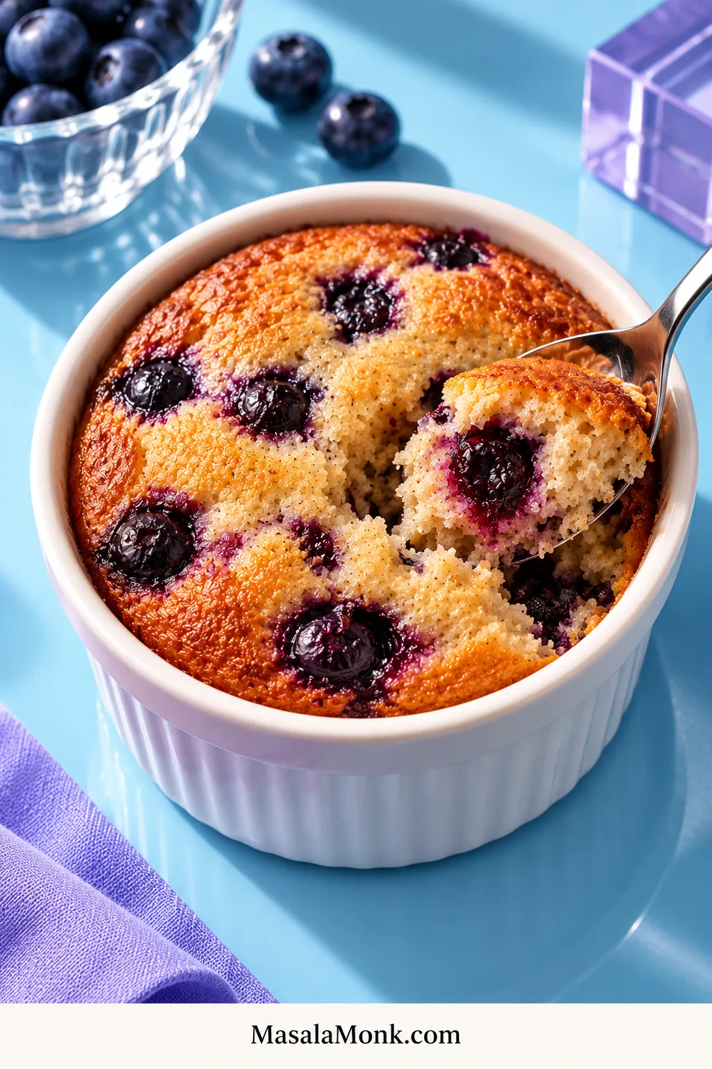Blueberry baked oats in a white ramekin on an aqua set, with a spoon revealing golden cake-like crumb and purple blueberry pockets.