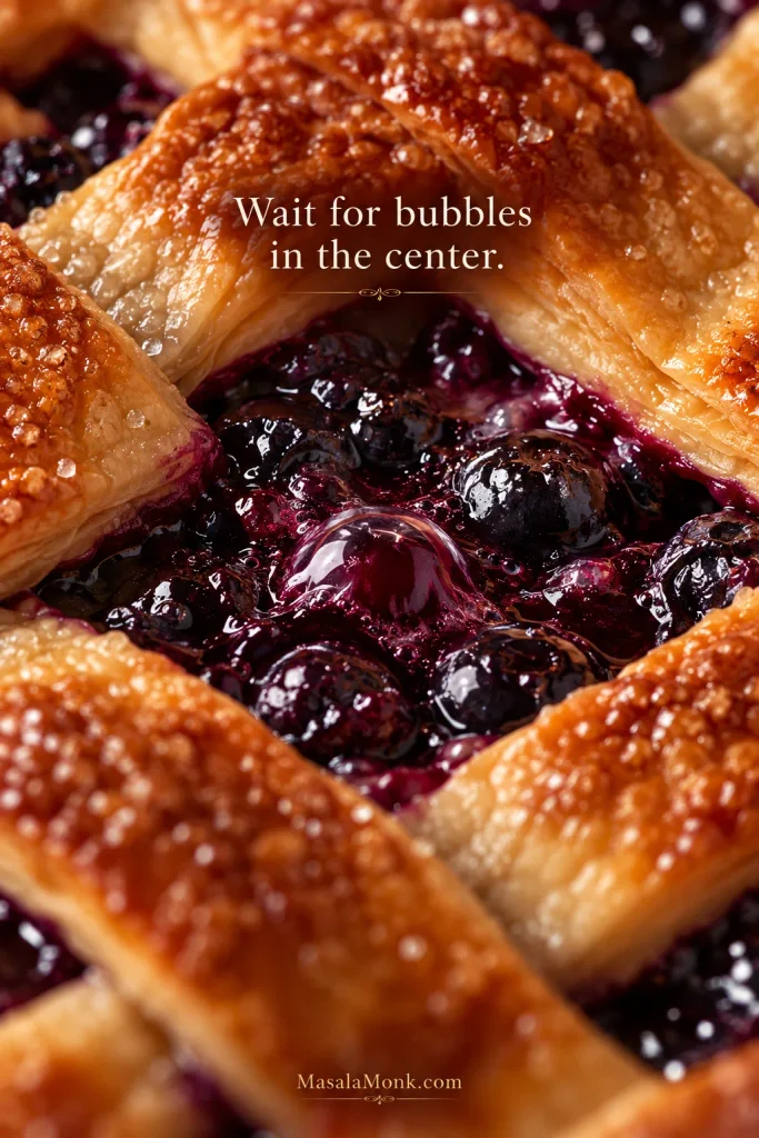 Close-up through the center of a golden lattice crust showing thick blueberry filling actively bubbling between the pastry strips.