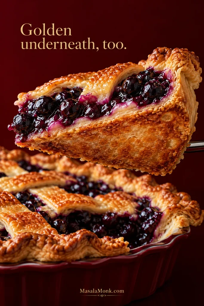 Lifted blueberry pie slice tilted to reveal a dry, evenly golden-brown bottom crust beneath the berry filling.