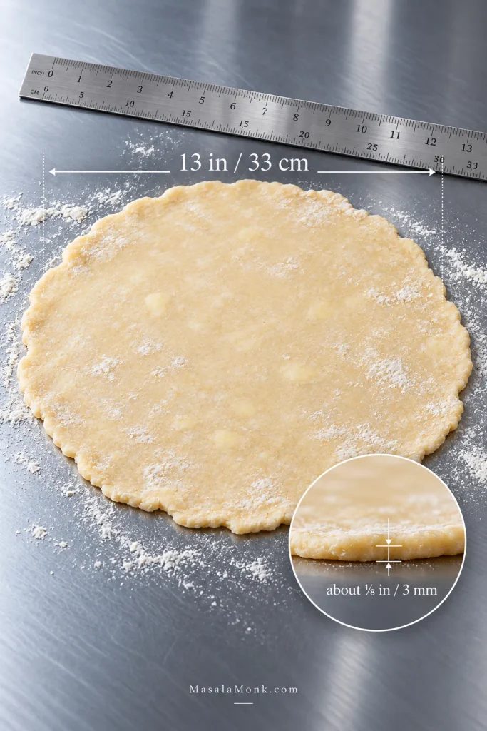 Rolled pie dough on a stainless-steel surface measured to about 13 inches wide, with an inset showing roughly ⅛-inch thickness.
