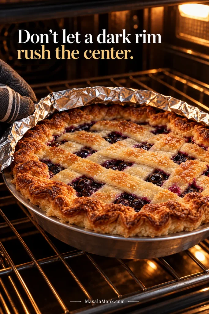 Blueberry lattice pie baking in an oven with the browned outer crust protected by foil while the center continues cooking.