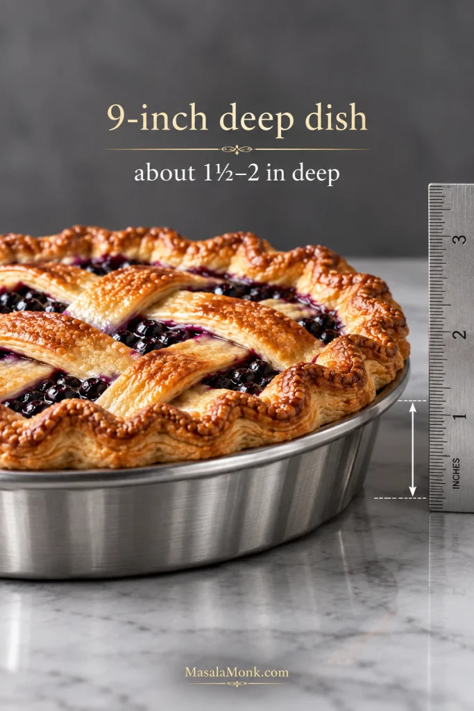 Side view of a blueberry pie in a metal deep-dish pan beside a ruler showing approximately 1½ to 2 inches of depth.