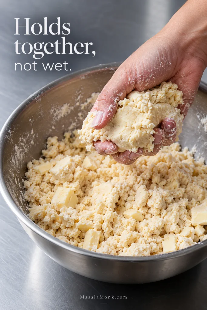 Hand squeezing shaggy pie dough that holds together while loose crumbs remain around it, showing proper dough hydration.