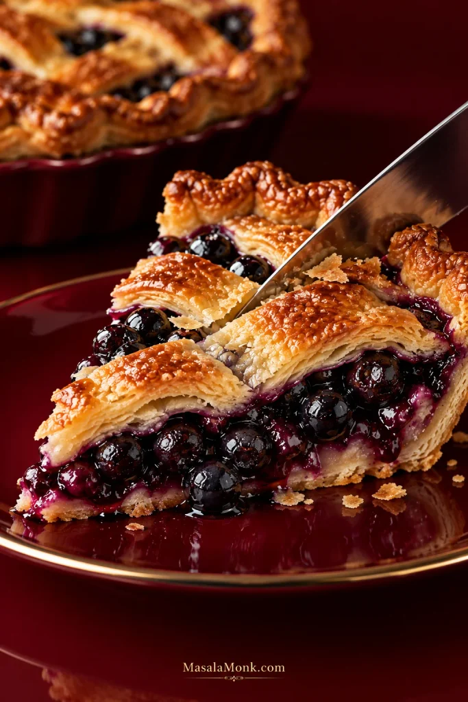 Knife cutting through a blueberry pie slice with flaky golden crust, recognizable berries and cohesive dark purple filling.
