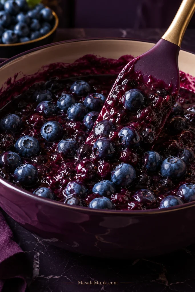 Whole blueberries being gently folded into a thick cooked blueberry base with a spatula.