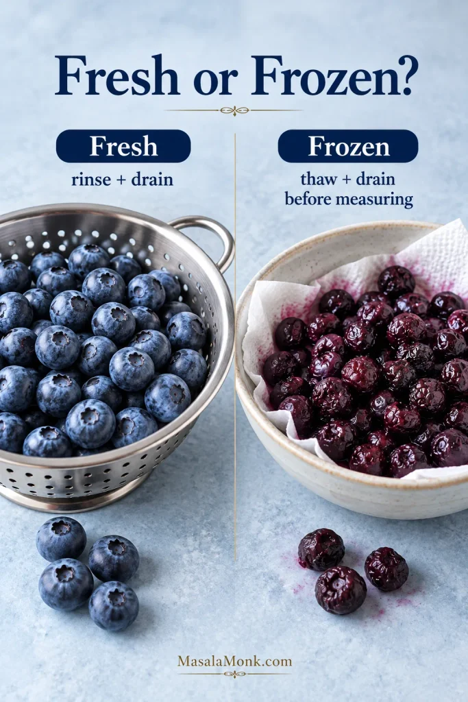 Fresh blueberries in a metal colander beside darker, softened thawed and drained frozen blueberries.