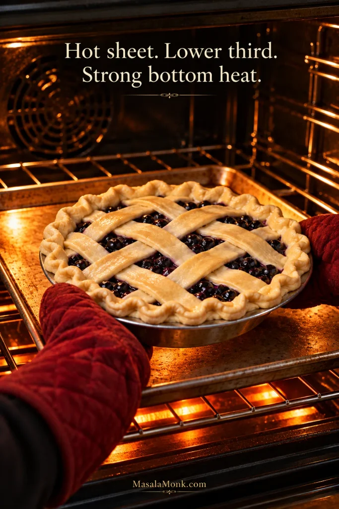 Raw lattice blueberry pie in a metal pie plate being placed with oven mitts onto a hot baking sheet on a lower oven rack.