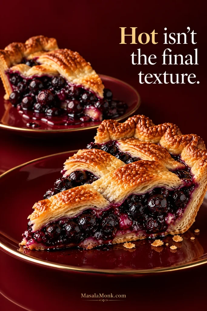 Two blueberry pie slices comparing a hot, loose slice with a cooled slice that holds its shape more cleanly.