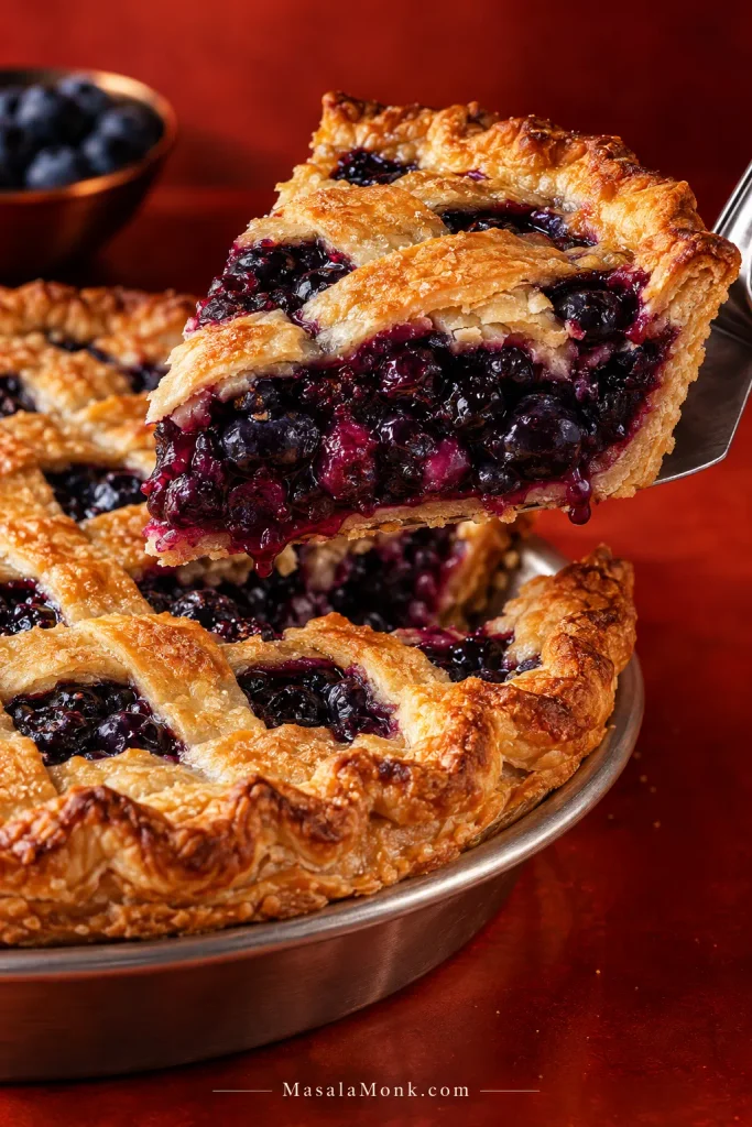 Blueberry pie slice lifted from the whole pie, showing flaky golden crust, recognizable blueberries and thick purple filling that holds together.