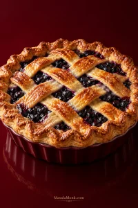 Deep-dish blueberry pie with a deeply golden lattice crust and dark blueberry filling visible between the pastry strips.