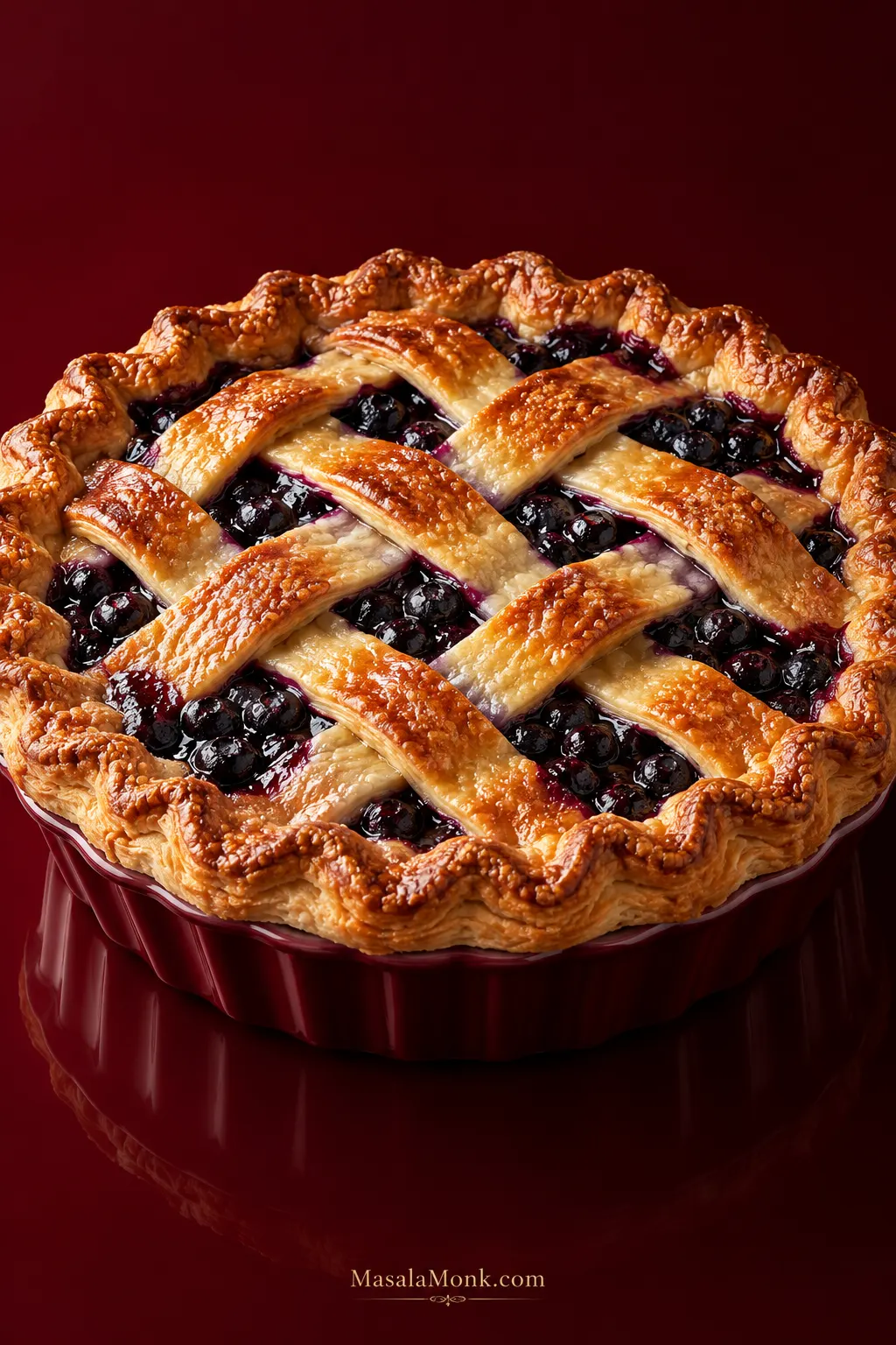 Deep-dish blueberry pie with a deeply golden lattice crust and dark blueberry filling visible between the pastry strips.
