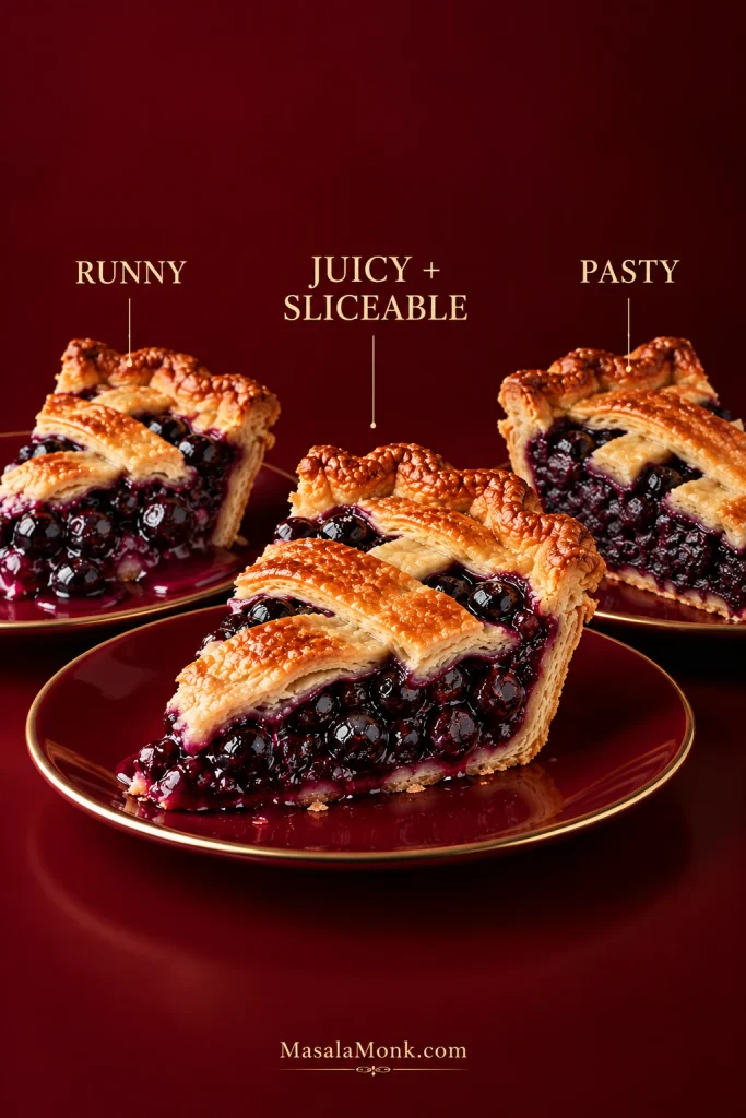 Three blueberry pie slices comparing loose runny filling, a juicy sliceable filling and an overly thick pasty filling.