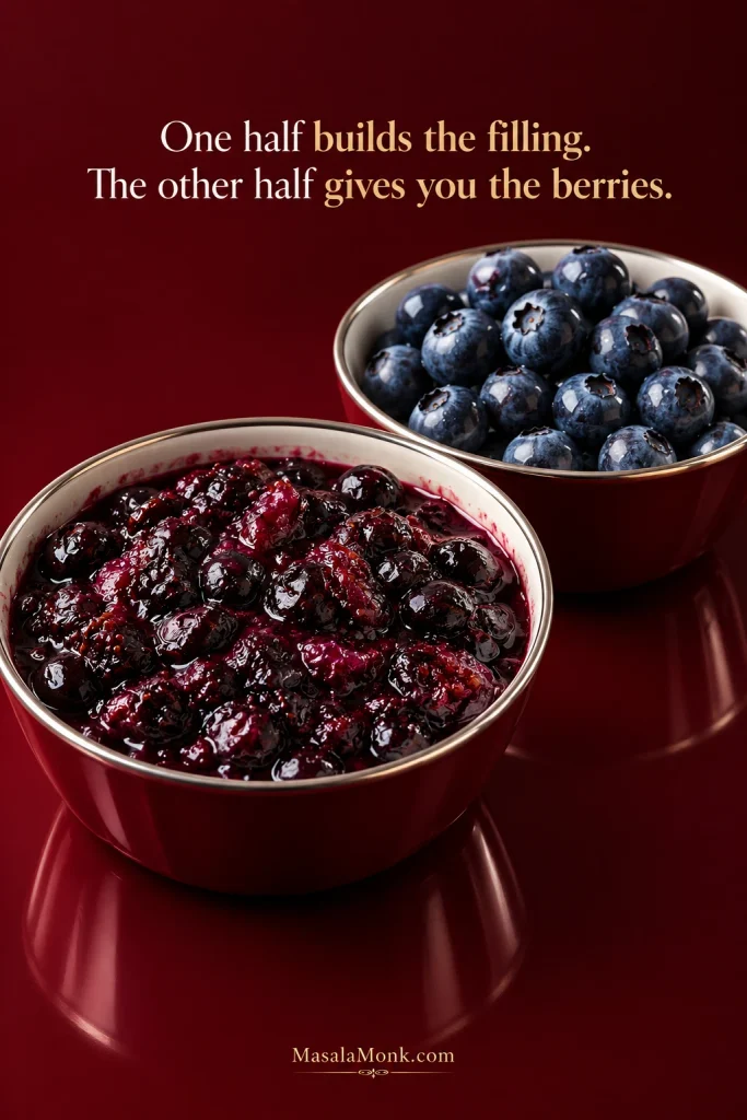 Cooked, collapsed blueberries beside whole blueberries, showing the two stages used to make the pie filling.