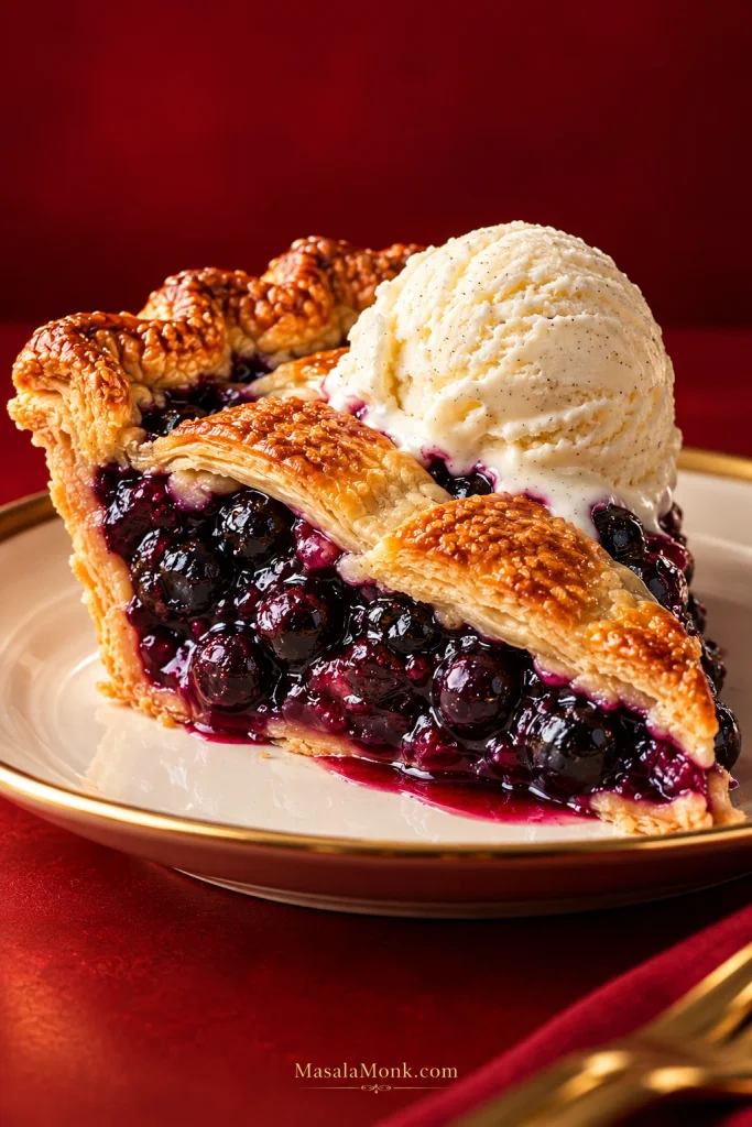 Slice of blueberry lattice pie topped with melting vanilla ice cream, showing flaky golden crust and dark blueberry filling on a plate.