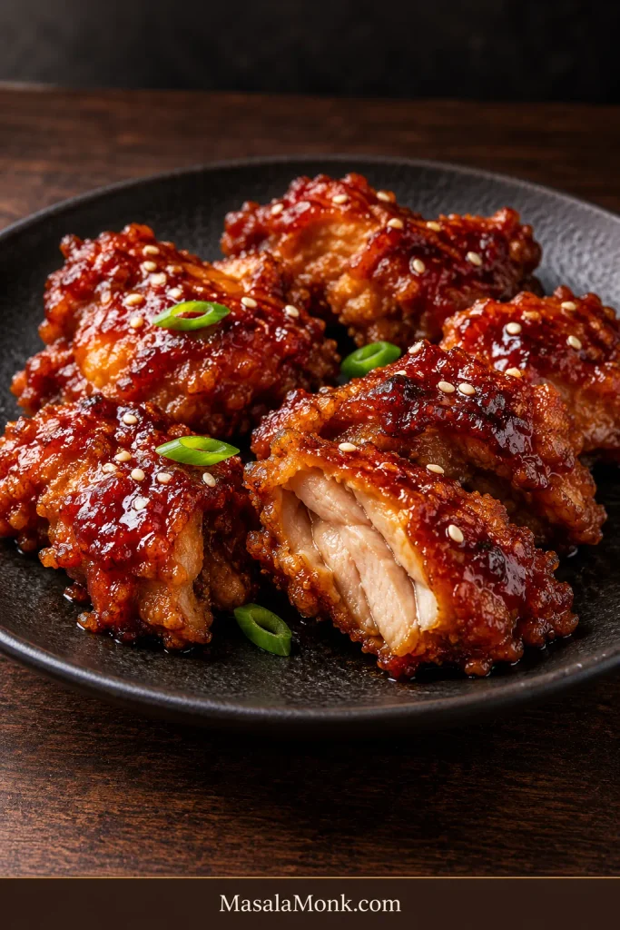 Glazed boneless Korean fried chicken made from irregular thigh chunks, with one piece opened to show moist cooked meat.