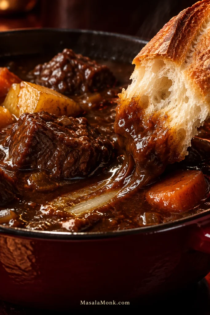 Torn crusty bread dragged through dark Guinness gravy beside pieces of braised beef and yellow potato.
