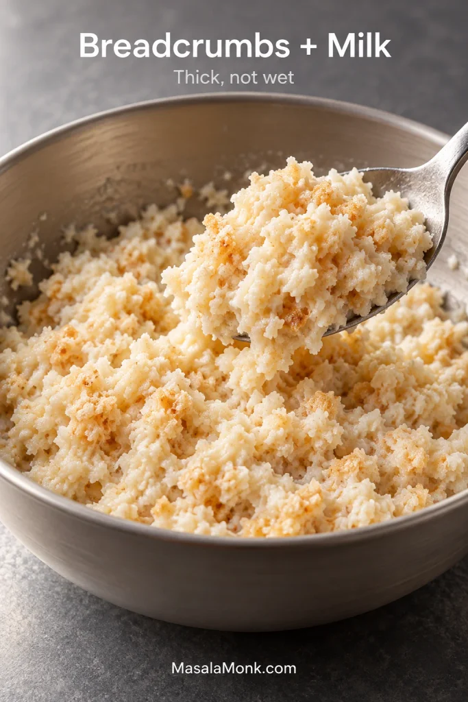 Spoon lifting thick, softened breadcrumbs mixed with milk from a metal bowl, with the liquid fully absorbed and no milk pooling underneath.