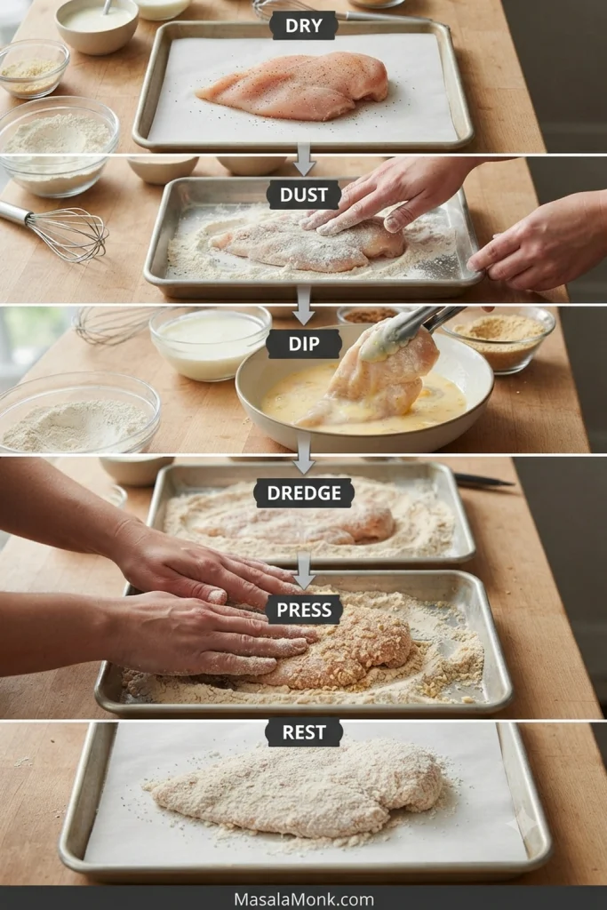 Vertical six-step breading guide showing chicken being dried, lightly floured, dipped in buttermilk mixture, dredged again, pressed with flour, and rested.
