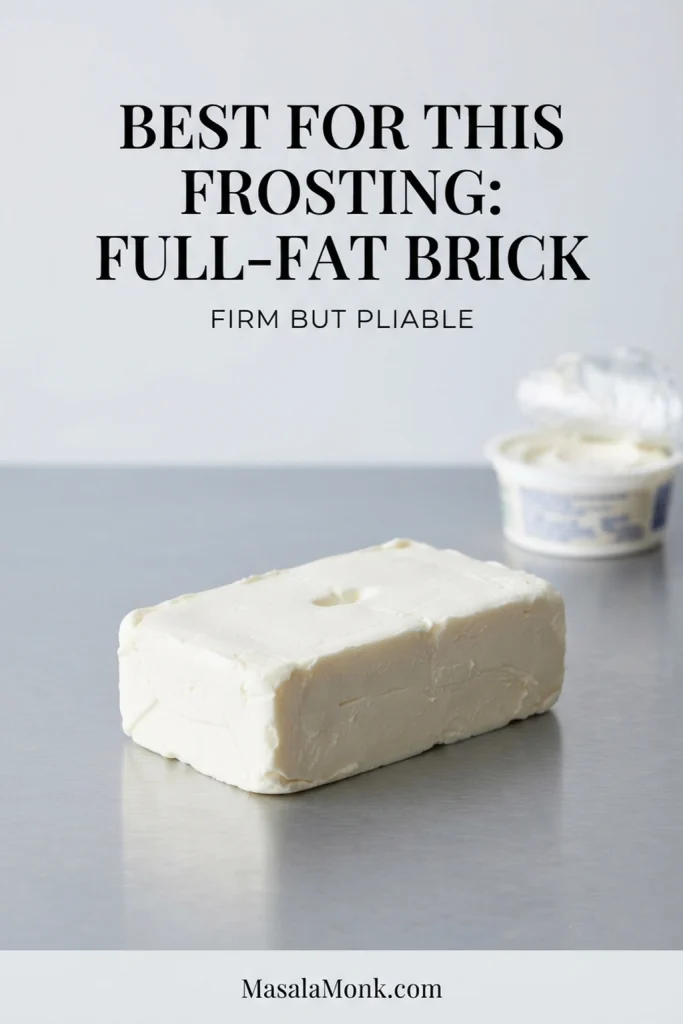 Block of full-fat cream cheese with a slight indentation showing a firm but pliable texture, with a softer tub-style cream cheese nearby.