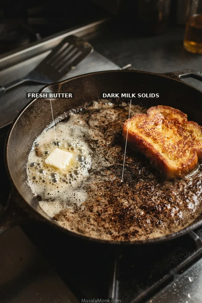 Pale butter foam and dark brown milk solids appear beside a slice of French toast in a skillet.