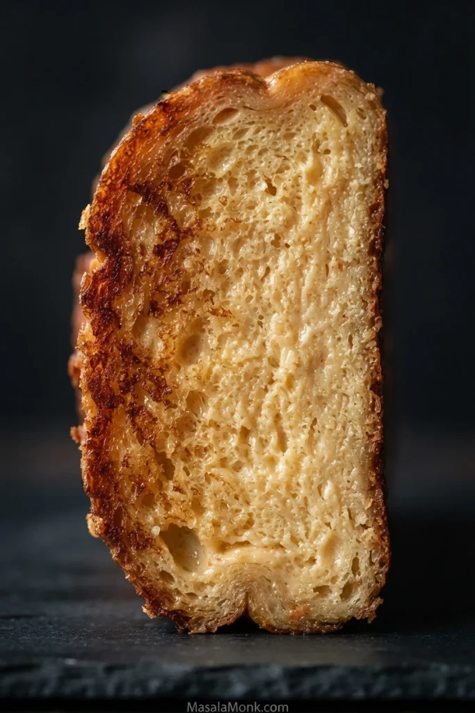 A close-up of a cut brioche French toast slice showing small, moist bread cells within a set center and golden crust.
