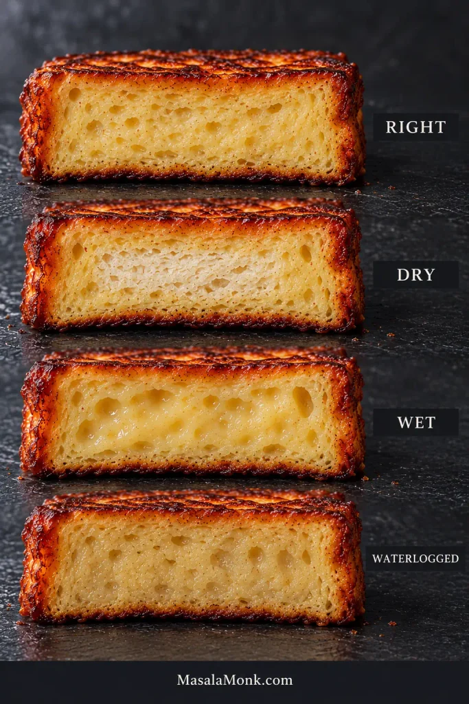 Four cooked French toast cross-sections labelled Right, Dry, Wet and Waterlogged compare a properly set center with three different crumb textures.
