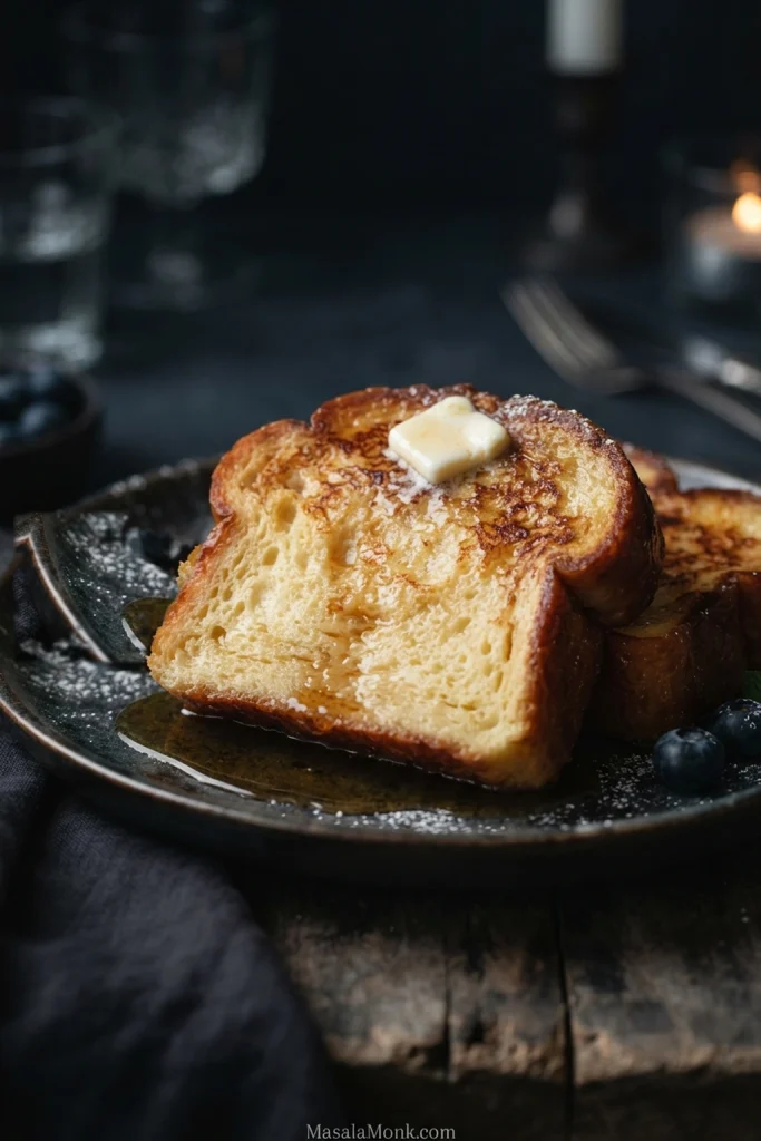 A golden brioche French toast slice shows its cut center beneath a browned crust, with melting butter and maple syrup on the plate.