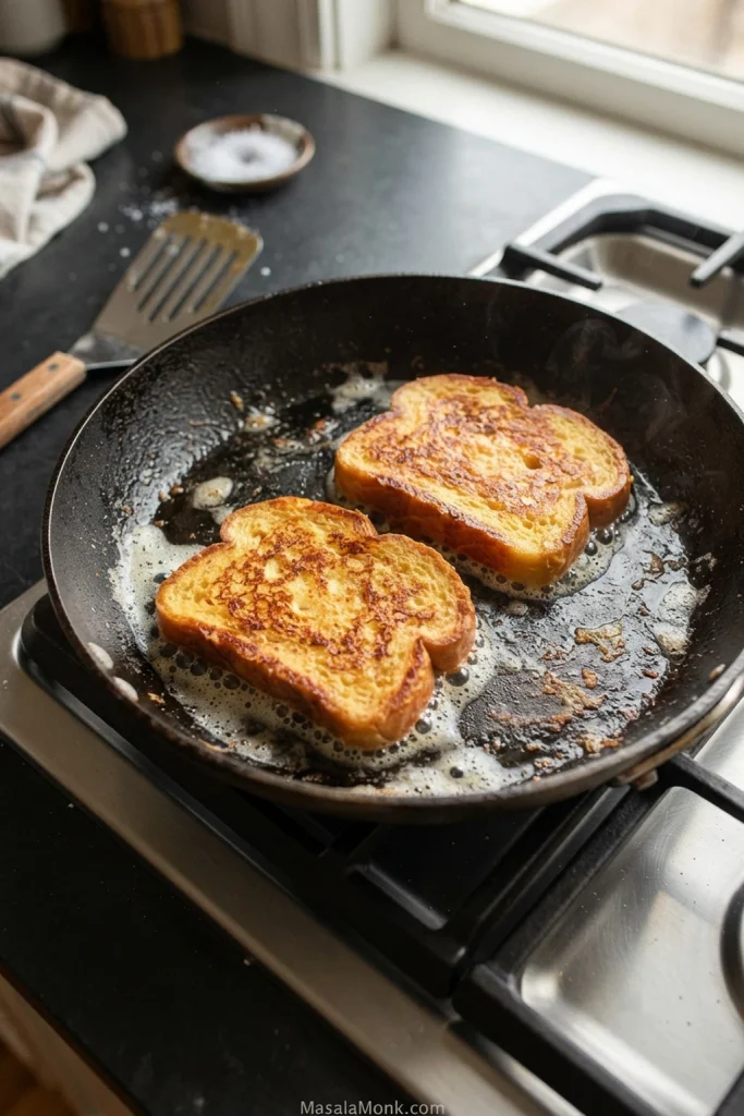 Two brioche French toast slices brown in a dark skillet, with small bubbles forming in the butter around their edges.