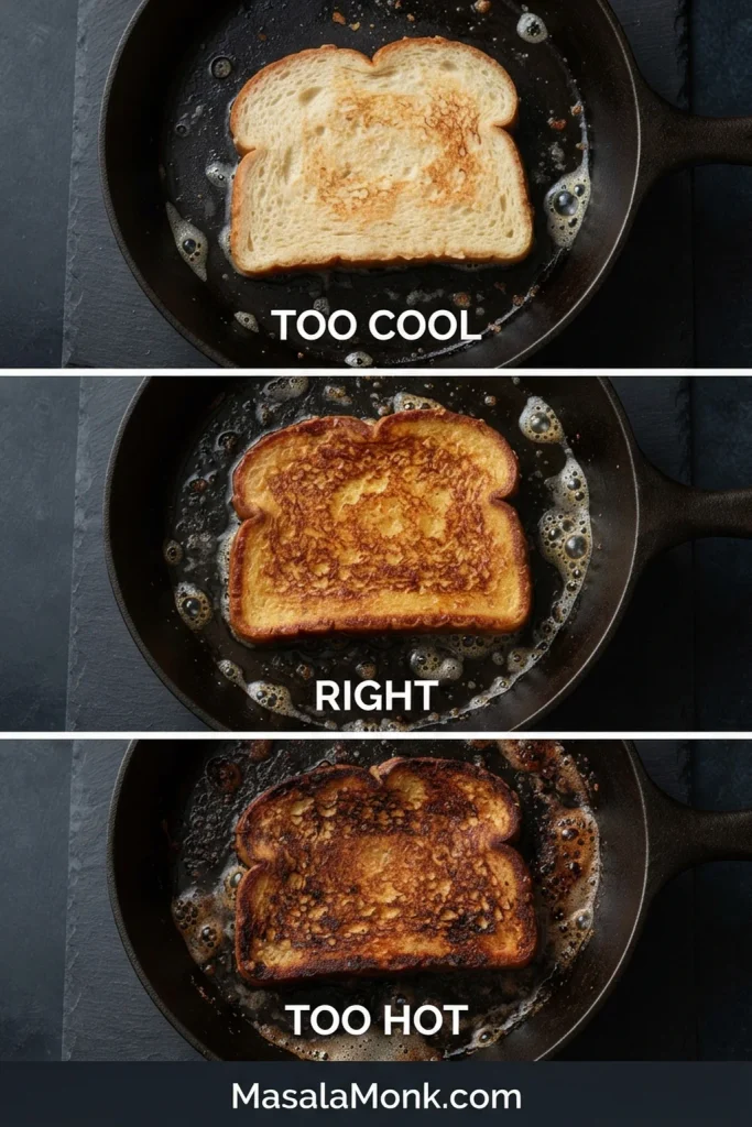 Three French toast slices show pale browning at low heat, even golden browning at the right heat, and a very dark crust at high heat.