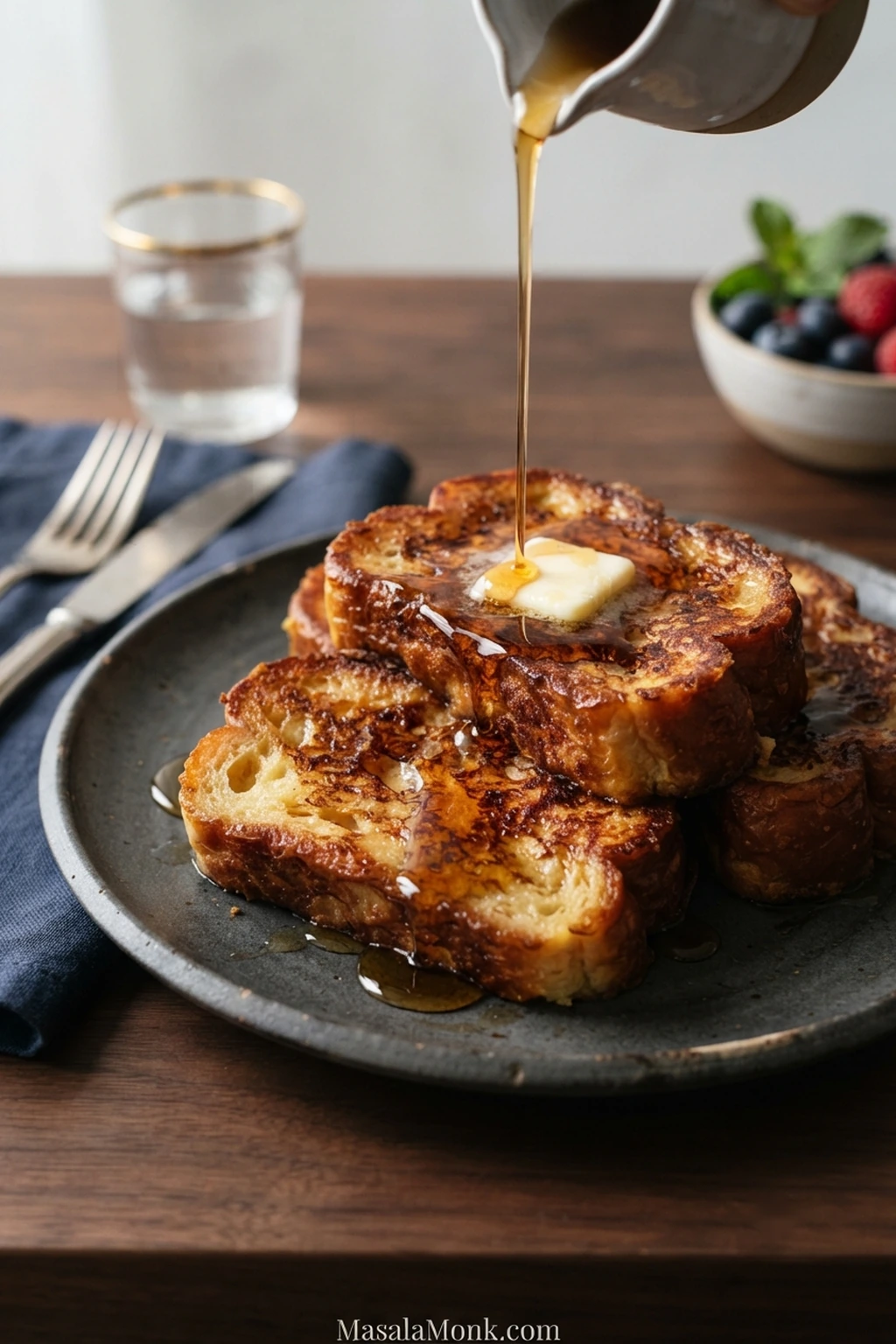 Three golden brioche French toast slices on a dark plate, topped with melting butter as amber maple syrup pours over the stack.