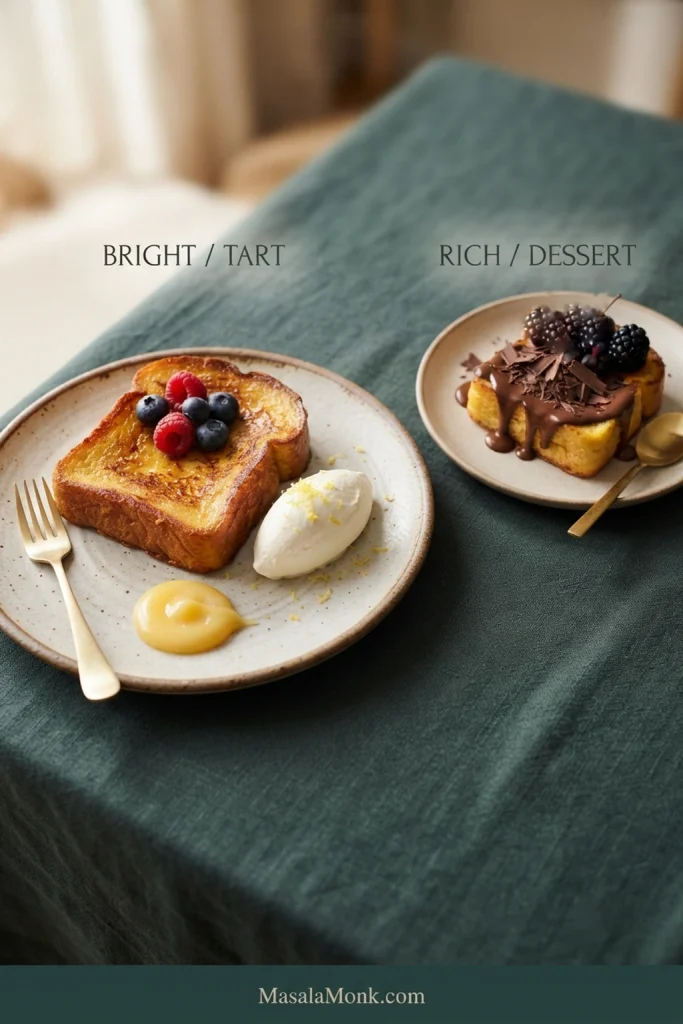 One French toast serving pairs berries, whipped cream and citrus with a second plate featuring chocolate and dark berries.